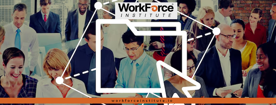 Group of diverse business professionals networking and collaborating at a Workforce Institute event, highlighting integrated marketing and leadership programs.