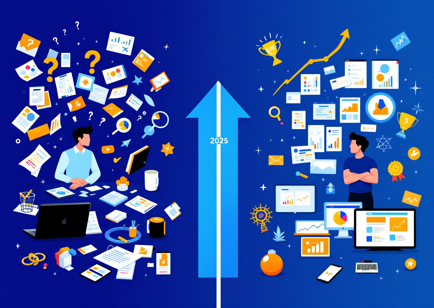 Inclusive UX design concept showing transition from cluttered workflows to optimized results in 2025