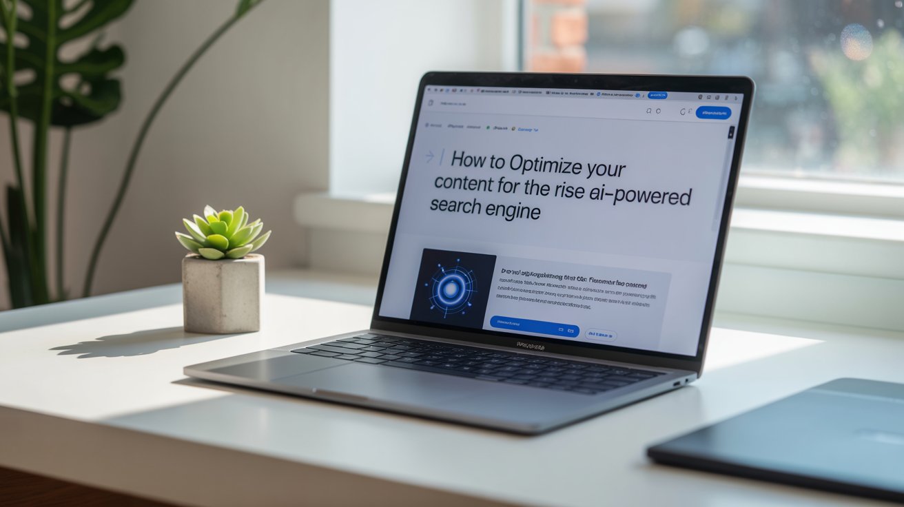 Laptop screen showing blog article on how to optimize content for AI-powered search engines